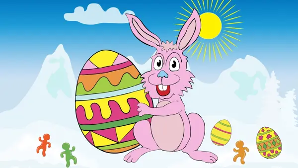 Illustrasjon av rosa påskehare på påskefjellet sammen med påskeegg og seigmenn