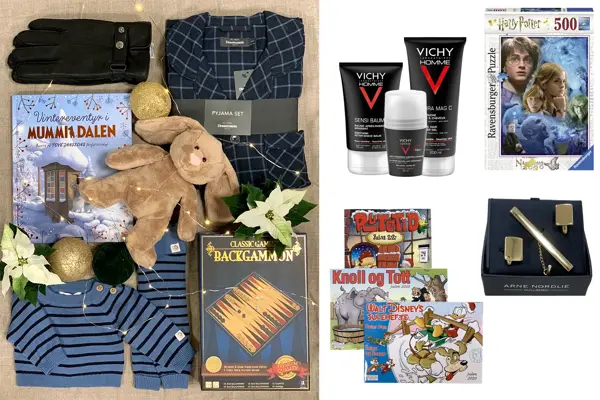 julegavetips for mann og barn, pysjamas, bamse, mummibok, hansker, spill, julehefter, mansjettknapper, hudpleieprodukter, ullklær, puslespill