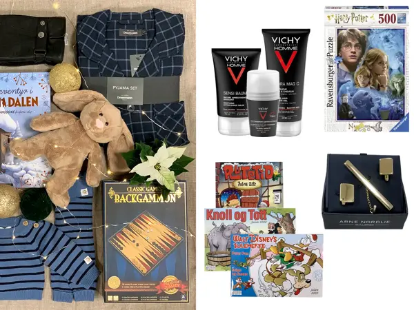 julegavetips for mann og barn, pysjamas, bamse, mummibok, hansker, spill, julehefter, mansjettknapper, hudpleieprodukter, ullklær, puslespill