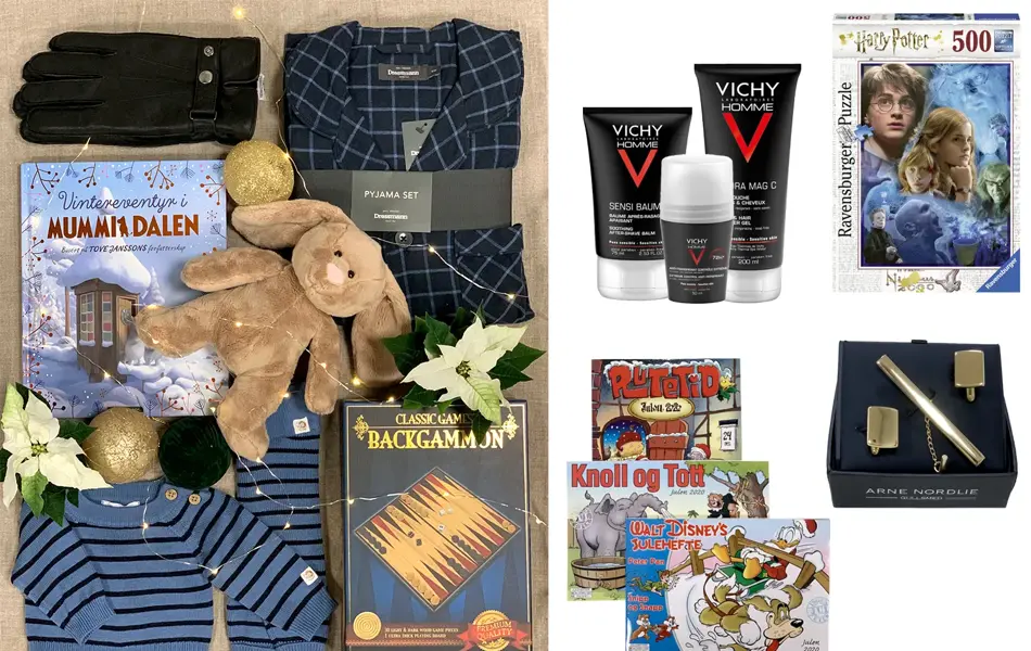 julegavetips for mann og barn, pysjamas, bamse, mummibok, hansker, spill, julehefter, mansjettknapper, hudpleieprodukter, ullklær, puslespill