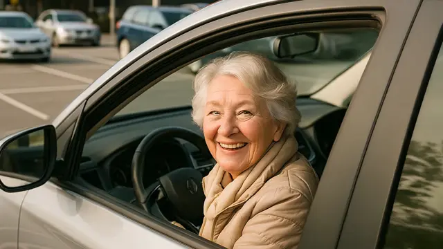 Dame som smiler som sitter i en bil