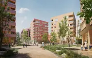 Illustrasjonsbilde av fasaden til boligprosjektet Flytårnet Stasjon. Bildet viser boligblokker i bakgrunnen og en grønn park med mennesker i forgrunnen. Et samarbeidsprosjekt mellom OBOS og Thon Bolig.