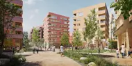 Illustrasjonsbilde av fasaden til boligprosjektet Flytårnet Stasjon. Bildet viser boligblokker i bakgrunnen og en grønn park med mennesker i forgrunnen. Et samarbeidsprosjekt mellom OBOS og Thon Bolig.