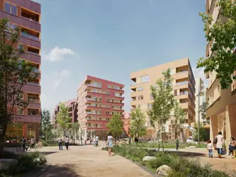 Illustrasjonsbilde av fasaden til boligprosjektet Flytårnet Stasjon. Bildet viser boligblokker i bakgrunnen og en grønn park med mennesker i forgrunnen. Et samarbeidsprosjekt mellom OBOS og Thon Bolig.