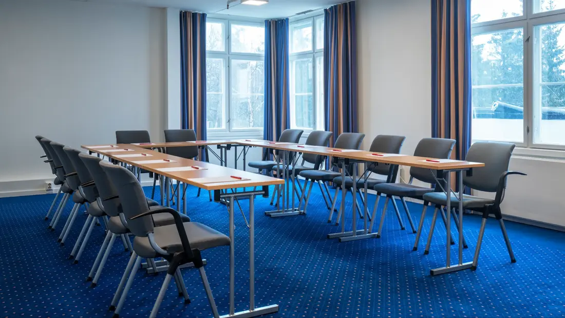 Hesteskooppsett, vindu, projektor, blått teppe.