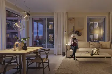 Illustrasjon av en kvinne som sitter på sofaen og strikker i en stylet stue i en leilighet på Skårerløkka Premium.