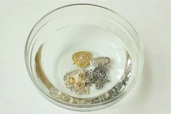 Bunadssølv i en glassbolle med vann og Zalo