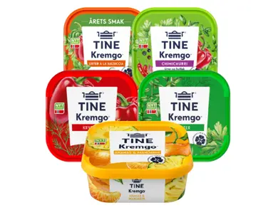 Utvalg av smøreost fra Tine Kremgo’ i forskjellige smaker.