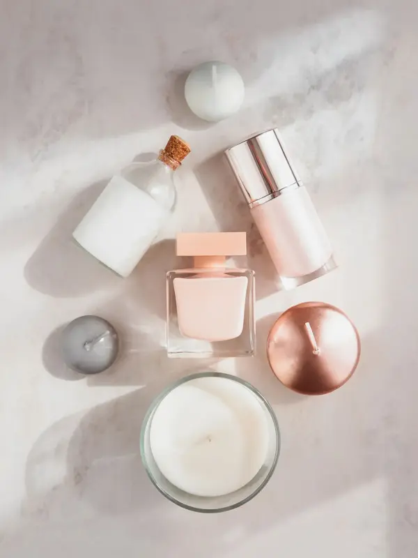 Flat lay av velværeprodukter, av parfyme, duftlys og øvrige produkter