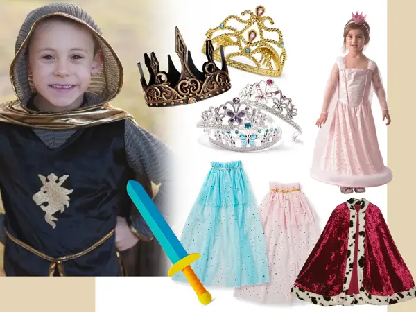 Kollasj av kostymer av prinsesse og prins