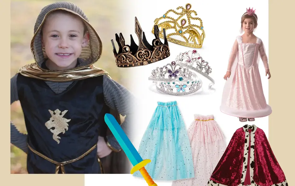 Kollasj av kostymer av prinsesse og prins