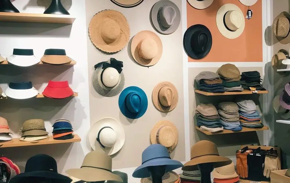 Miljøbilde av en butikk som selger hatter og hansker