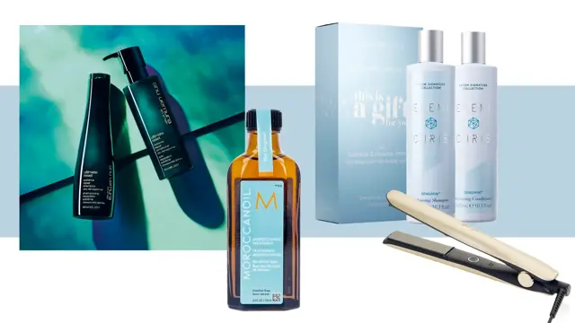 Hårmaske fra Shu Uemura, hårolje fra Morroccanoil, gavesett med shampoo og balsam fra Eleni & Chris og ghd rettetang.