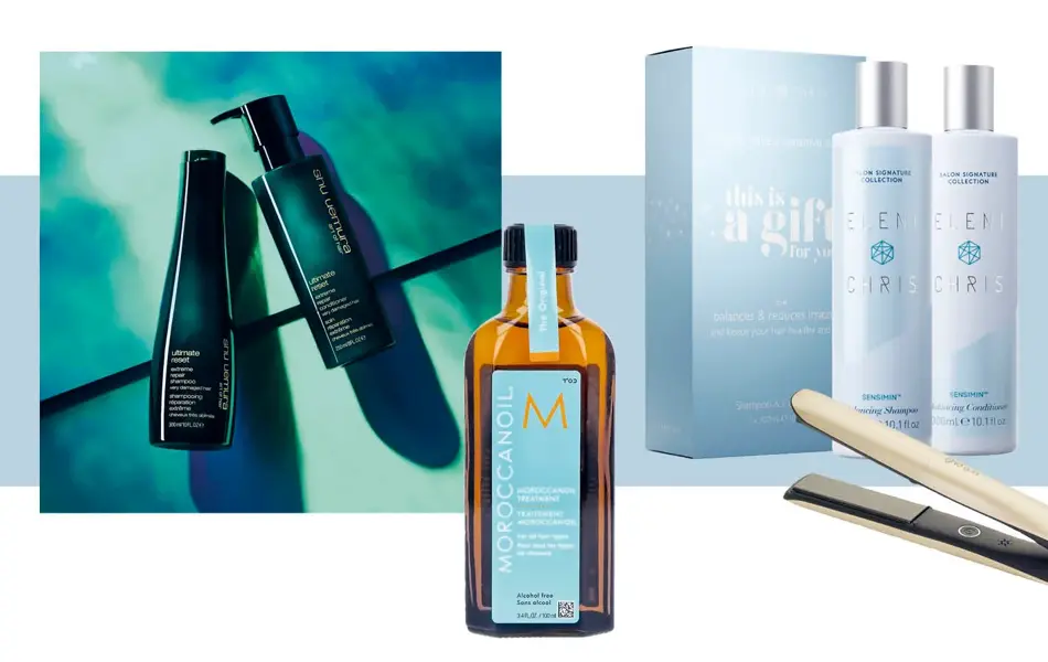 Hårmaske fra Shu Uemura, hårolje fra Morroccanoil, gavesett med shampoo og balsam fra Eleni & Chris og ghd rettetang.