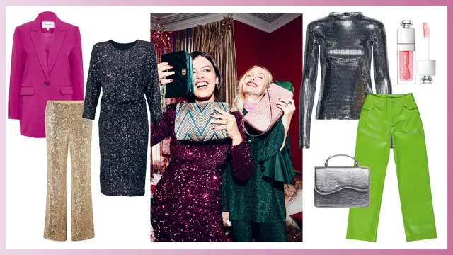 Rosa dressjakke, gullbukser, sort glitrende kjole, to jenter som smiler og holder paljettvesker og har på seg glitrende kjoler, sølvskimrende topp, sølv-veske, irrgrønn bukse, lipgloss