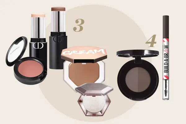 Produktfoto av rouge, øyebrynspenn og concealer.