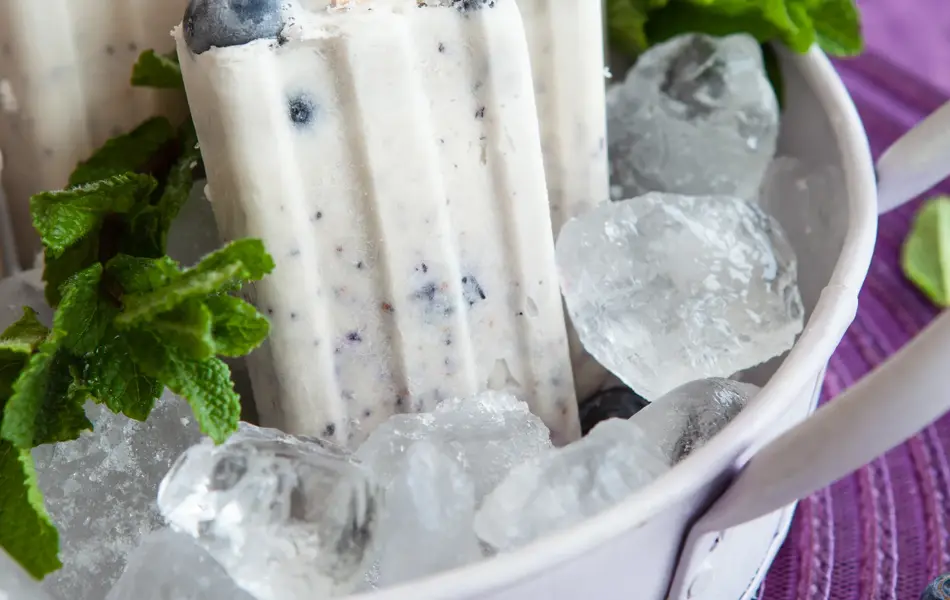 Homemade ice cream popsicles with blueberries and fresh mint
