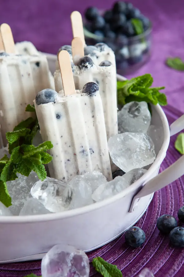 Homemade ice cream popsicles with blueberries and fresh mint