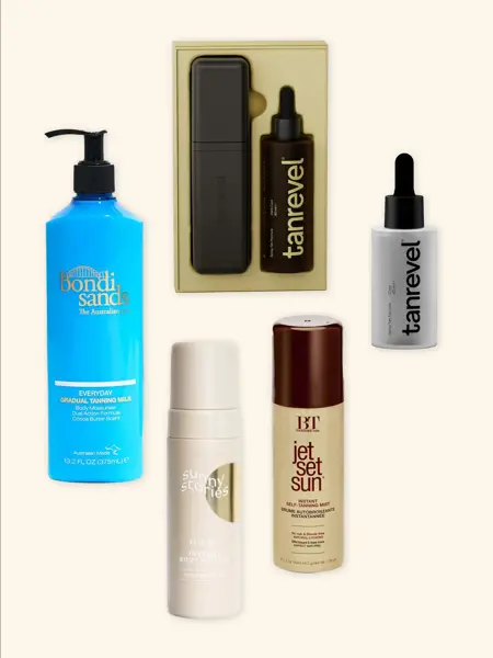 Kollasj med selvbruningsprodukter