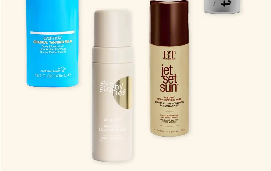 Kollasj med selvbruningsprodukter