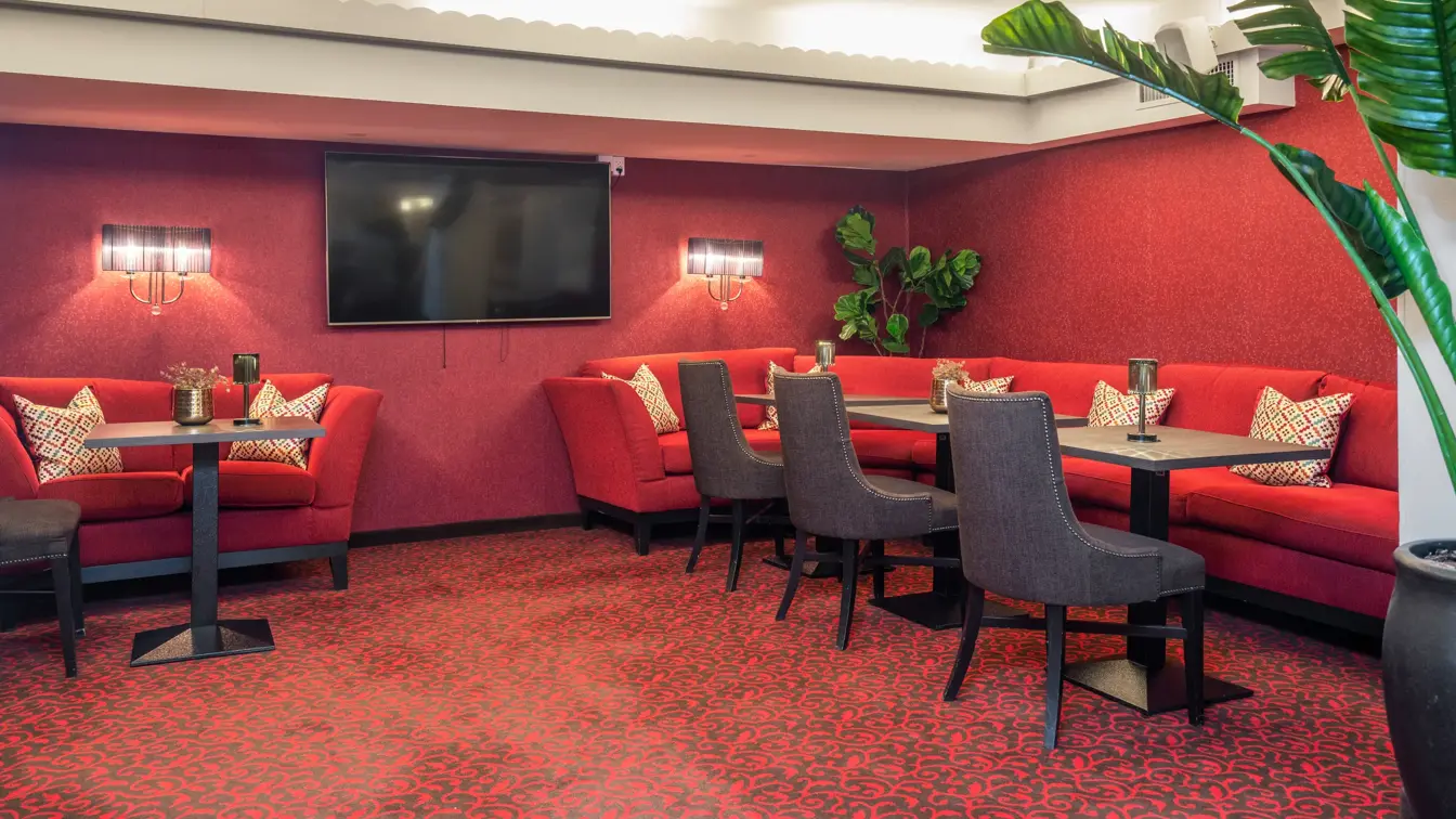 Bar, rødt gulvteppe, røde vegger, rød sofa, spisebord, brune stoler, plante 