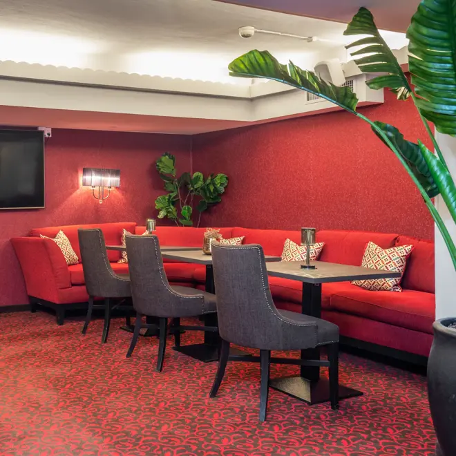 Bar, rødt gulvteppe, røde vegger, rød sofa, spisebord, brune stoler, plante 