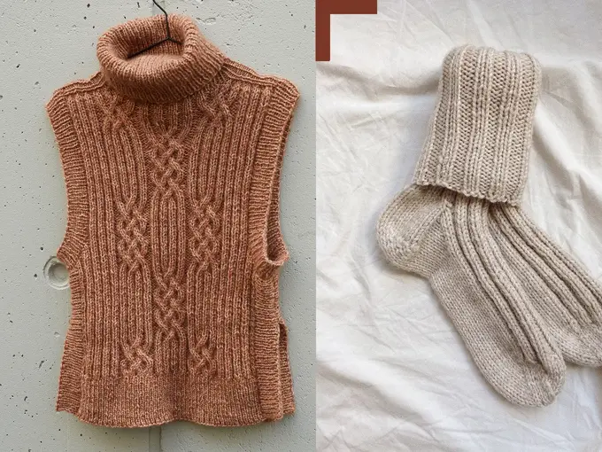 Collage med to bilder av en strikket vest og ullsokker