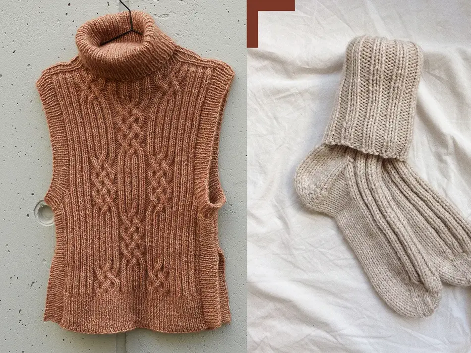 Collage med to bilder av en strikket vest og ullsokker