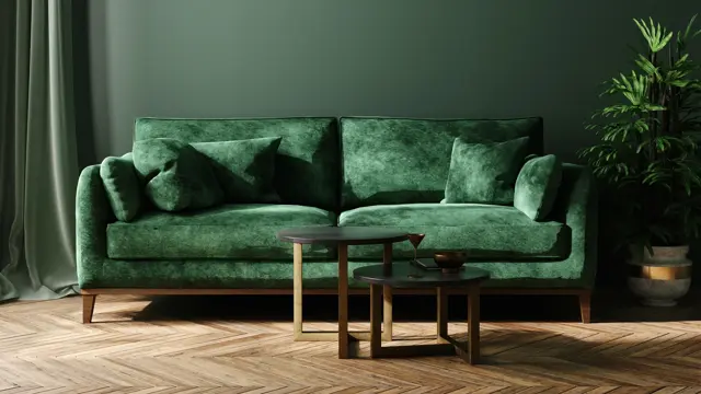 Home interior mock-up with green sofa, table and decor in living room, 3d render