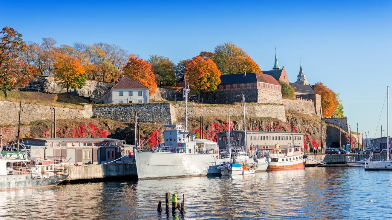 View on Akershus fortress on autumn day at sunset