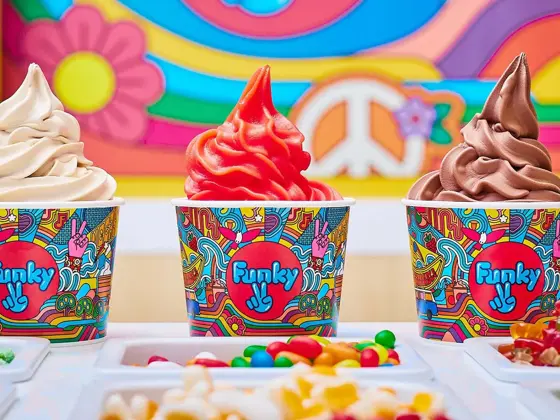 tre ulike frozen yoghurt i papp kopp stående på en disk med flere ulike topping