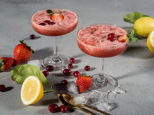 To cotcktailglass med rød drink i