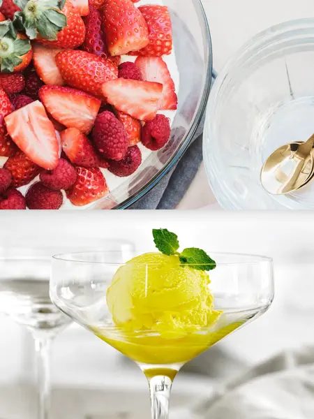 Bolle. med krem og jordbær, skåler med gull teskjeer. Coctailglass med gul sorbetis i.