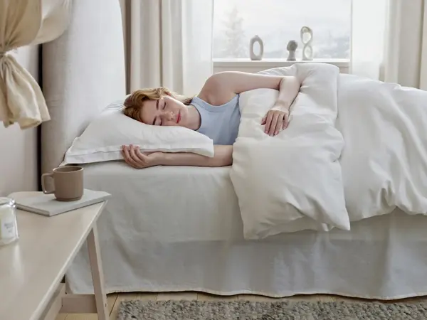Dame som sover i en seng