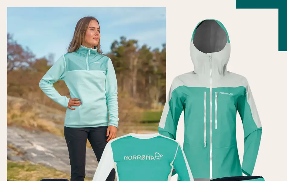 Ung dame i grønn fleecegenser og sorte tights står ute, grønn Norrøna vindjakke, ulltrøye og shorts. Blå vest, blå shorts og blå t-skjorte.