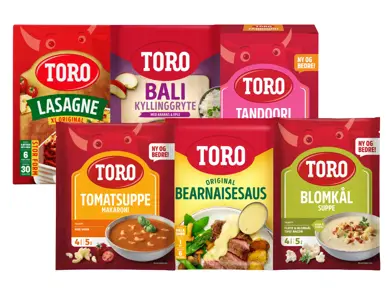 Utvalg av supper, sauser og middagsprodukter fra Toro.