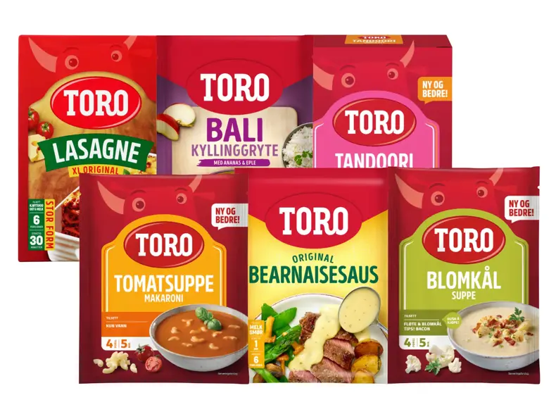 Utvalg av supper, sauser og middagsprodukter fra Toro.