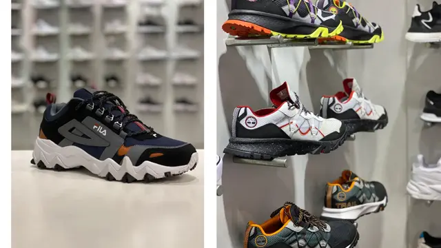 Kollasj med sko og skoutstilling