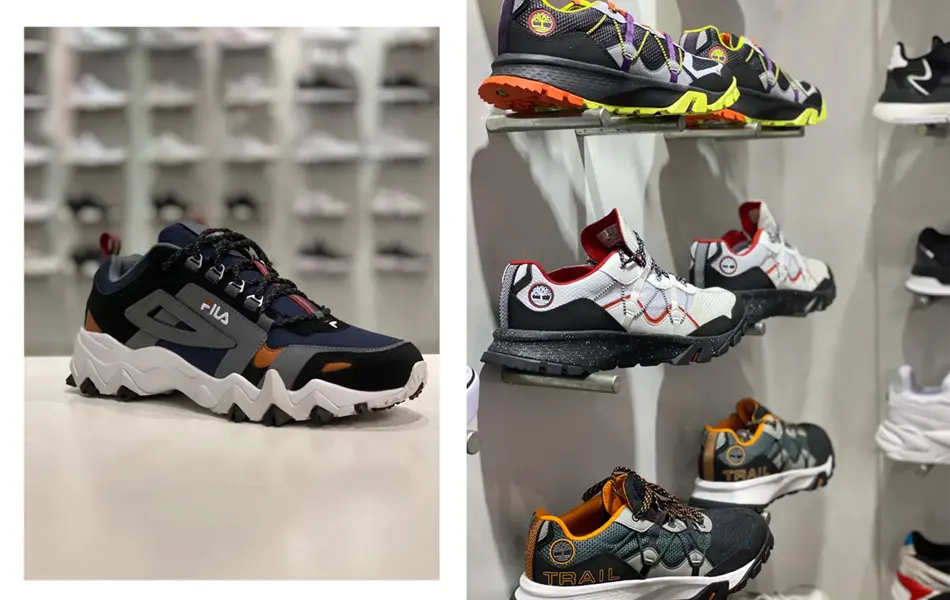 Kollasj med sko og skoutstilling