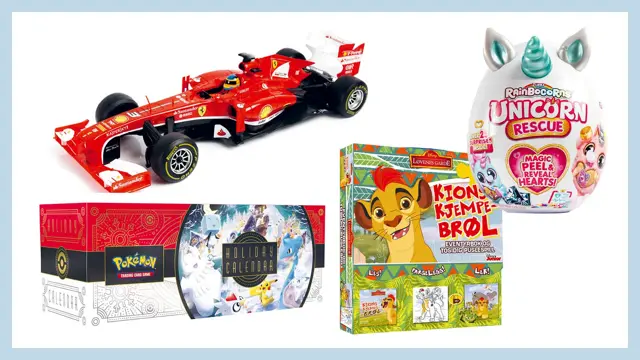 Fjernstyrt Formula 1 bil, Pokemon julekalender, Rainbowunicorn og  eventyrbok og spill fra Disney