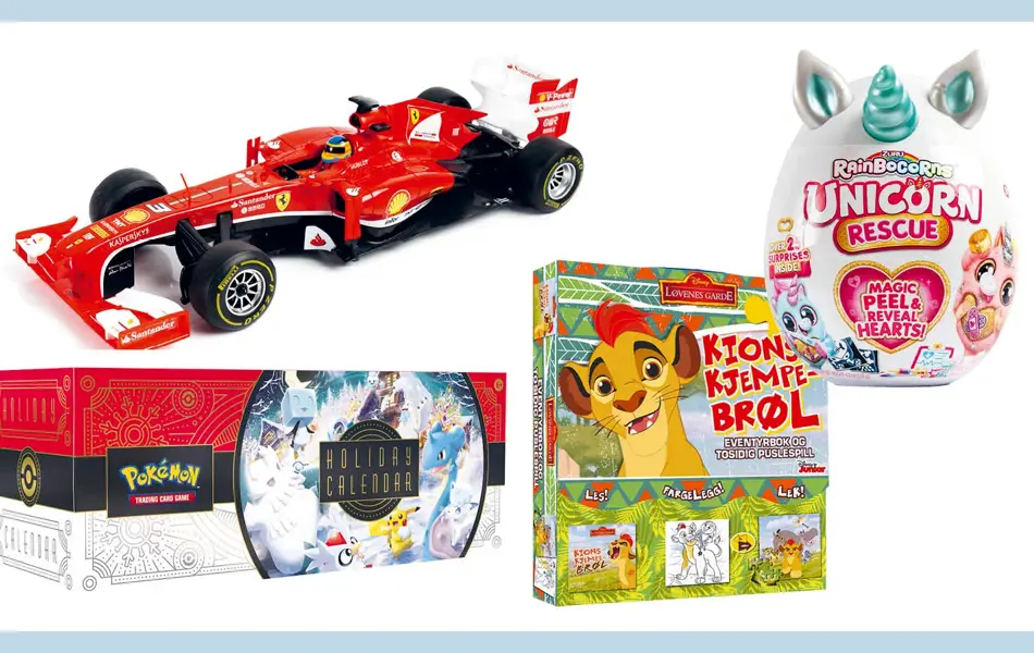 Fjernstyrt Formula 1 bil, Pokemon julekalender, Rainbowunicorn og  eventyrbok og spill fra Disney