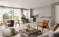 3D illustrasjon av stue og kjøkken interiør i en leilighet i Heggedal Hage.