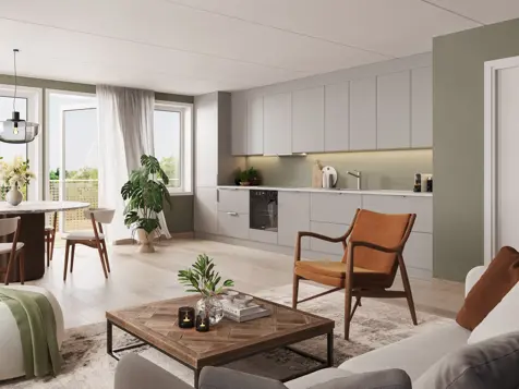 Illustrasjon av kjøkken og stue i leilighet B301 med stilpakke 1: Standard krem