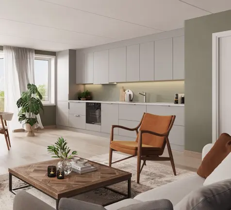 Illustrasjon av kjøkken og stue i leilighet B301 med stilpakke 1: Standard krem