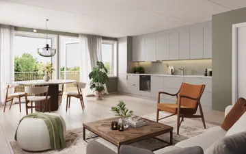 Illustrasjon av kjøkken og stue i leilighet B301 med stilpakke 1: Standard krem