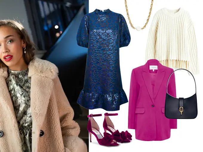 Damemodell med sølvskimrende topp og hvit teddykåpe, blå skimrende kjole, vinrød pumps med åpen tå, rosa dressjakke, sort veske, gullkjede og hvit strikkegenser.