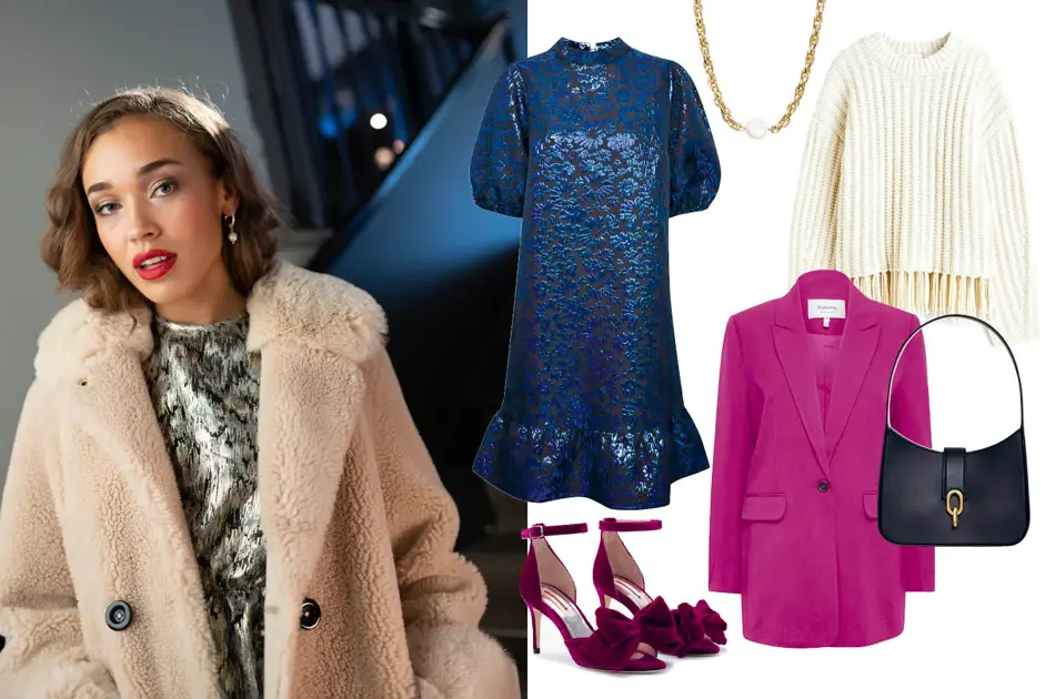 Damemodell med sølvskimrende topp og hvit teddykåpe, blå skimrende kjole, vinrød pumps med åpen tå, rosa dressjakke, sort veske, gullkjede og hvit strikkegenser.