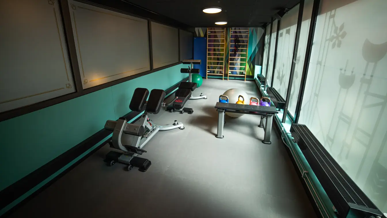 Treningsrom med ribbevegg, yogaball, kettlebells og styrkeapparater