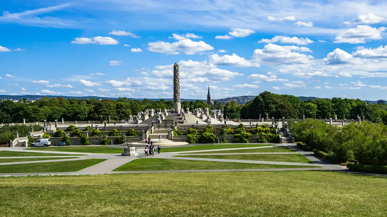 Panorama of Frogner Park with the most popular attraction, the Monilith designed by Gustav Vigeland, Oslo, Norway