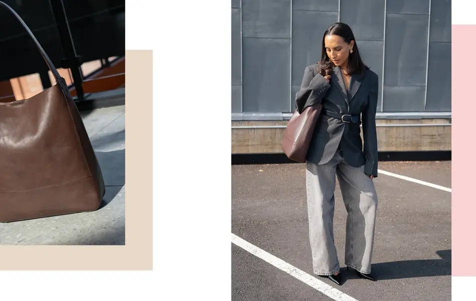 Dame viser frem vesker